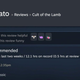 A Steam user reviews the game Cult of the Lamb.